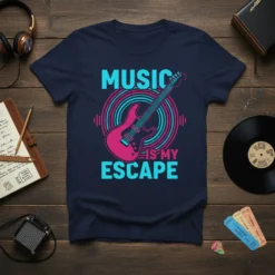 Music Is My Escape text with a pink electric guitar and concentric circles graphic on a navy t-shirt