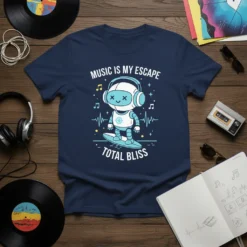 Music Is My Escape Total Bliss T-Shirt with a cute robot wearing headphones and surfing on a sound wave