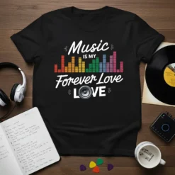 Music IS MY Forever Love T-Shirt with colorful equalizer graphic and speaker icon