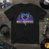Black t-shirt with neon graphic of speakers, a heart-shaped vinyl record, and the text "MUSIC IS MY HEARTBEAT"