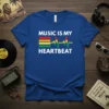 Music Is My Heartbeat T-Shirt with a colorful soundwave and reggae flag design
