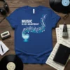 Music Is My Heartbeat t-shirt with musical notes forming a heart shape, white text on blue shirt