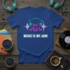 Blue t-shirt with "Music Is My Jam!" text and a cartoon blueberry wearing headphones, set against a sound wave graphic
