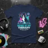 T-shirt with "Music Is My Therapy The Beat Goes On" text and a black and white cat DJ wearing headphones