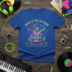 Music Is The Explosion text with retro boombox and colorful musical notes graphic on a blue t-shirt