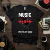 Black t-shirt with white text "MUSIC MELTS MY SOUL" and a graphic of a red sound wave emanating from a