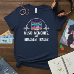 T-shirt design with text MUSIC, MEMORIES, AND BRACELET TRADES, stack of colorful bracelets, and music waveform graphic