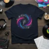Music Microphone Design T-Shirt featuring a vintage microphone, musical notes, and colorful swirling lines