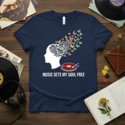 Navy t-shirt with the quote "MUSIC SETS MY SOUL FREE" above a graphic of a woman's profile with butterflies and