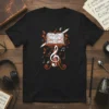 Music Sheet Treble Clef T-Shirt design with ornate music stand, notes, and feather quill