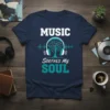 Music Soothes My Soul text design with headphones and a tree of musical notes on a navy t-shirt