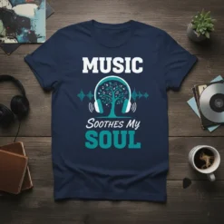 Music Soothes My Soul text design with headphones and a tree of musical notes on a navy t-shirt