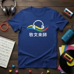 Blue t-shirt featuring the Chinese characters 敢文来師 with a headphone and musical note graphic above colorful wavy lines