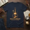 Music in the Moonlight Echoes of the Night T-Shirt with acoustic guitar silhouette graphic, cityscape, moon, and stars