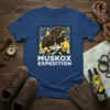 Muskox Expedition T-Shirt design featuring a muskox on a mountain peak with lightning and snow, bold white text
