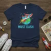 MUST DASH t-shirt with a running shoe launching from the Earth, representing speed and global running