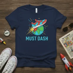 MUST DASH t-shirt with a running shoe launching from the Earth, representing speed and global running