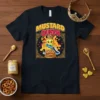Mustard Queen t-shirt design with a cartoon mustard bottle wearing a crown and sash, sitting on pretzels