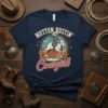 Mutton Bustin' Cowgirl t-shirt design featuring a cowgirl riding a sheep over a fence, with retro sunset colors and bold