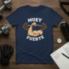 Muy Fuerte text with a muscular arm lifting a barbell design on a navy t-shirt for gym enthusiasts