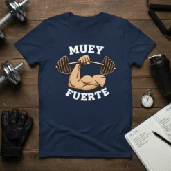 Muy Fuerte text with a muscular arm lifting a barbell design on a navy t-shirt for gym enthusiasts
