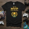 Black t-shirt with "MVP Level Unlocked" text and a golden trophy graphic, designed for gamers