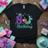 Black t-shirt with "my 8th Birthday" text, a purple glitter number 8, a cute mermaid girl, and teal glitter accents