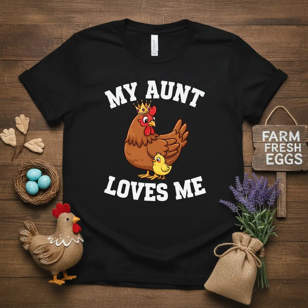 My Aunt Loves Me quote on a t-shirt with a cute chicken and chick graphic