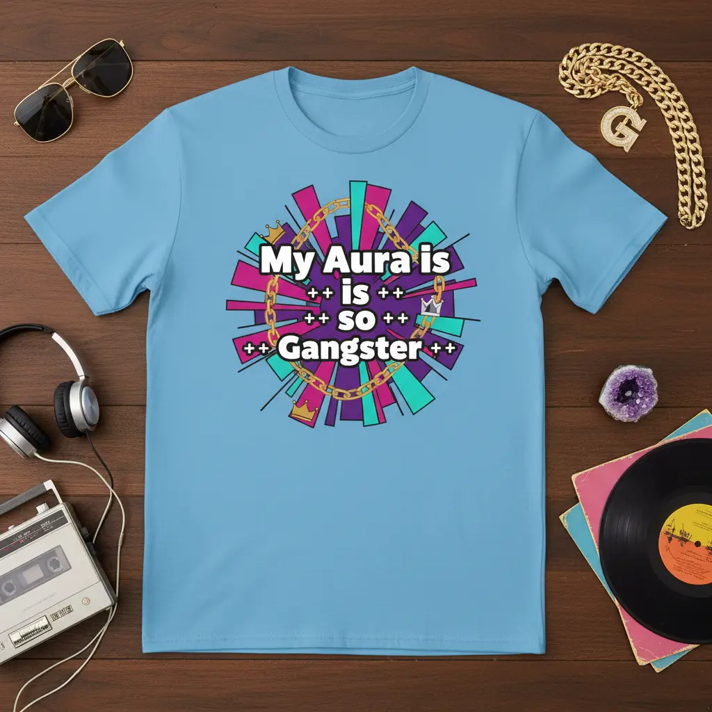 My Aura is is so Gangster quote t-shirt with vibrant geometric design and gold chain accents
