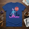 My Aura Said No stop sign quote design on a blue t-shirt, featuring a colorful feminine figure holding the sign