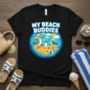 My Beach Buddies t-shirt design featuring cartoon seagulls, sailboat, beach ball, and sunny sky