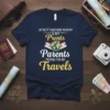 Navy blue t-shirt with text "MY BEST CHILDHOOD MEMORY IS MY Prents Parents PAYING FOR MY Travels" and globe graphic
