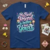 My Best Friend is better than Yours quote on a navy blue t-shirt with cartoon girls holding trophies