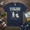 My Best Friend Is A Dinosaur quote with astronaut walking a triceratops on a celestial background graphic on a navy