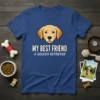 My Best Friend A Golden Retriever text with a cute dog face graphic on a blue t-shirt