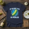 My Blood Type Is Pickles t-shirt with a graphic of a pickle and lightning bolts