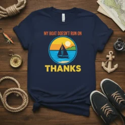 My Boat Doesn't Run On Thanks funny sailing quote t-shirt with a sailboat graphic