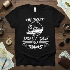 Black t-shirt with white text "My Boat Doesn't Run On Thanks" featuring a boat graphic and gas pumps