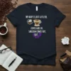 Dark t-shirt with white text "My Body Is Just A Filter. Coffee Goes In, Sarcasm Comes Out. Out." and coffee