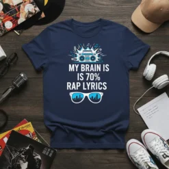 My Brain Is 70% Rap Lyrics T-Shirt featuring a boombox graphic and sunglasses with city skyline