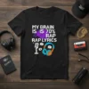 My Brain Is 70% Rap Lyrics T-Shirt design with a purple brain, microphone, and headphones graphic