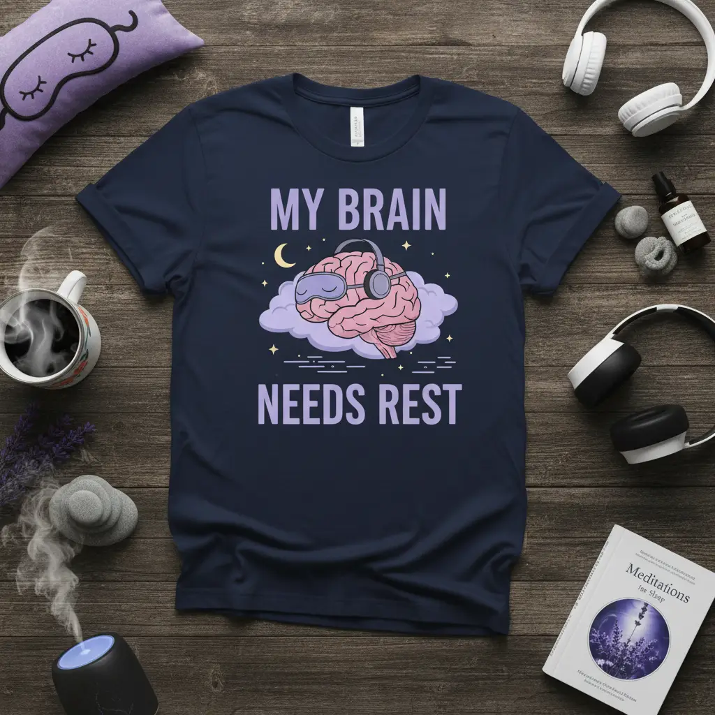 My Brain Needs Rest quote design with a cartoon brain wearing headphones and sleep mask on a cloud