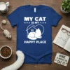 Blue t-shirt with white text "My Cat Is My Happy Place" and a graphic of a cat inside a house-shaped