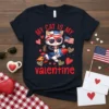 My Cat Is My Valentine text with a cat riding a rocket graphic, wearing sunglasses and holding an American flag