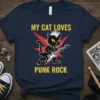 My Cat Loves Punk Rock T-Shirt with a black cat playing a guitar, featuring yellow text and a red starburst