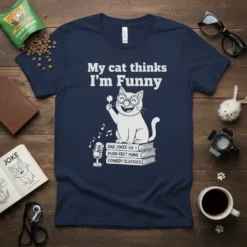 Navy t-shirt with white text "My cat thinks I'm Funny", a cartoon cat with glasses on books, a microphone, and