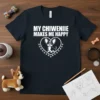 My Chiweenie Makes Me Happy text with a chihuahua-dachshund mix dog in a heart graphic on a navy t-shirt