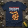 Corn snake tilting its head graphic t-shirt with the text "MY CORN SNAKE TILTS ITS HEAD JUST LIKE YOU DO"