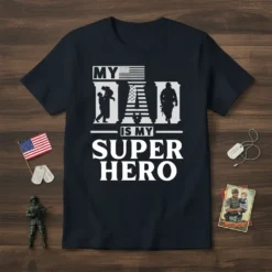 My Dad Is My Super Hero T-Shirt with American flag and soldier graphics