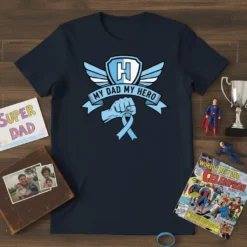 My Dad My Hero t-shirt design with shield, wings, and fist holding a light blue ribbon